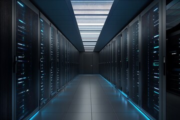 Long hallway of data servers in a modern server room with bright lights