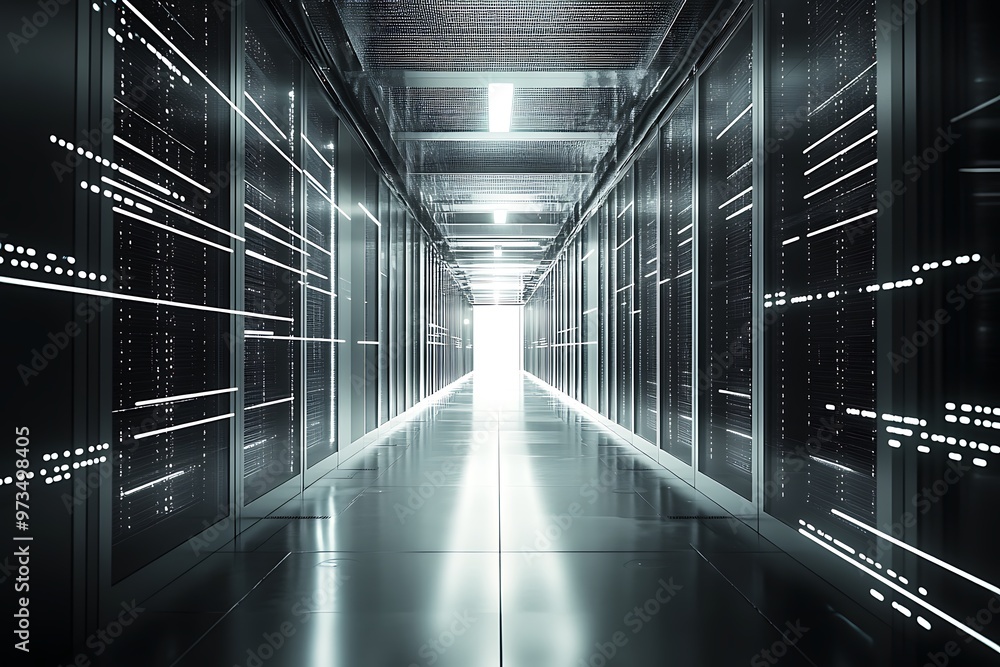 Poster long hallway of server racks in data center with glowing lights. digital data and cybersecurity conc