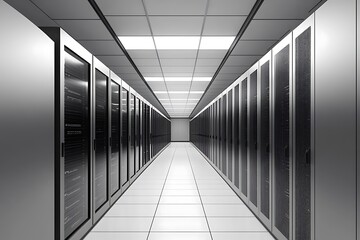 Obraz premium Empty server room with rows of black server racks and bright ceiling lights. Data center interior design. Technology and innovation.