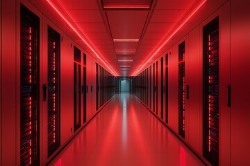 Fototapeta premium Red LED lights illuminate a long hallway in a modern data center with rows of server cabinets. Digital technology concept.