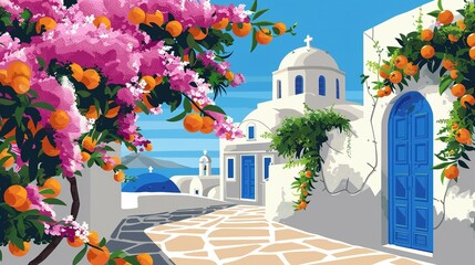 Orange Tree and Blue Door in a Whitewashed Greek Village