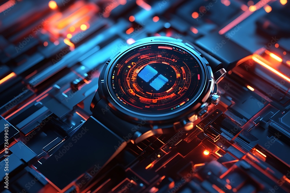 Aufkleber futuristic smartwatch with glowing digital display and abstract technology background