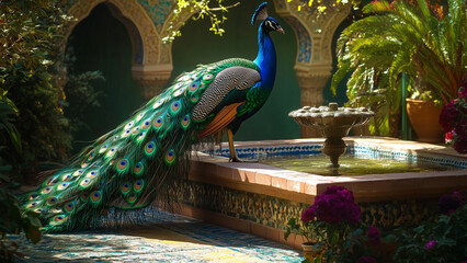 Royal Splendor: Iridescent Peacock Amidst Turquoise and Green Persian Elegance