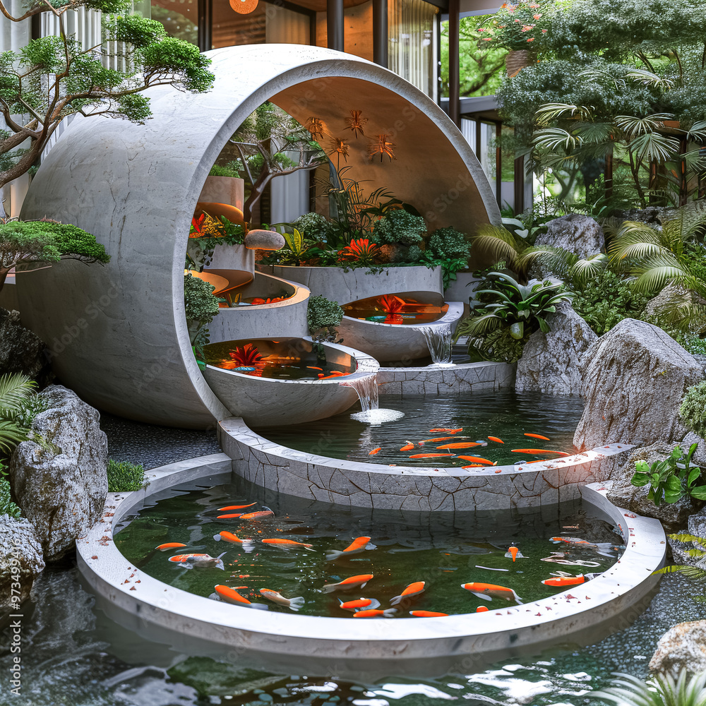 Poster a large concrete bowl with a fountain in the middle and a pond with fish in it