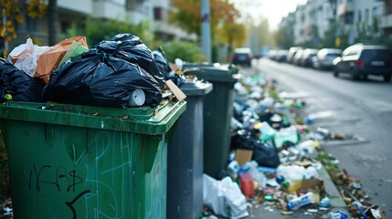 Overfilled Green Trash Bin Overflowing with Black Bags in Urban Setting