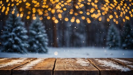 Rustic wood table winter mockup with glowing bokeh lights, snow, and pine trees background