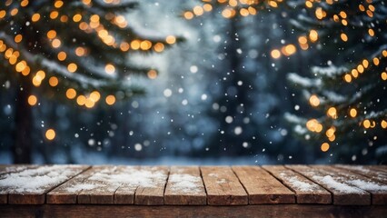 Rustic wood table winter mockup with glowing bokeh lights, snow, and pine trees background