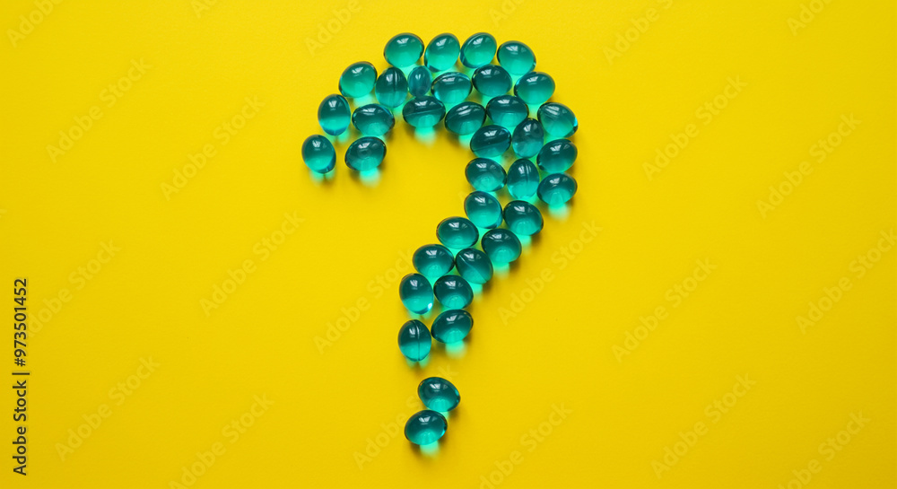 Poster water droplets arranged in a question mark on a vibrant yellow background with a graphic design styl