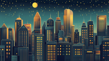 Naklejka premium Retro Glamour: Nighttime Art Deco City with Gold and Yellow Accents