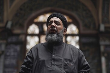 Islamic preacher delivering sermon in mosque with upraised hands