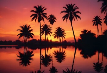 Obraz premium Palm trees reflected in a calm body of water during a colorful sunset