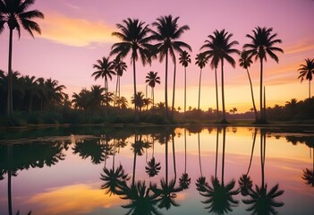 Obraz premium Palm trees reflected in a calm body of water during a colorful sunset