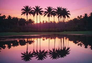 Naklejka premium Palm trees reflected in a calm body of water during a colorful sunset