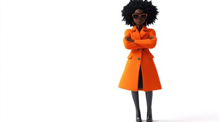 A 3D cartoon woman wearing a bright orange coat, sunglasses, and black boots stands confidently with her arms crossed.