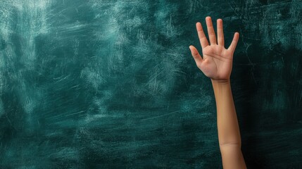 students hand raised to respond against a blackboard backdrop, epitomizing engagement in learning, ideal for an educational banner