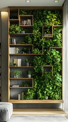 Contemporary-style Bookshelf Fused with Lush Indoor Vertical Garden Modern Decorative Element