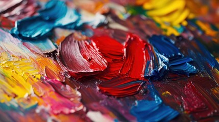 A close-up of a painter palette, with bold red paint strokes standing out among other colors