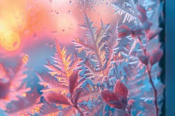 Intricate frost patterns delicately illuminate a window at dawn's first light