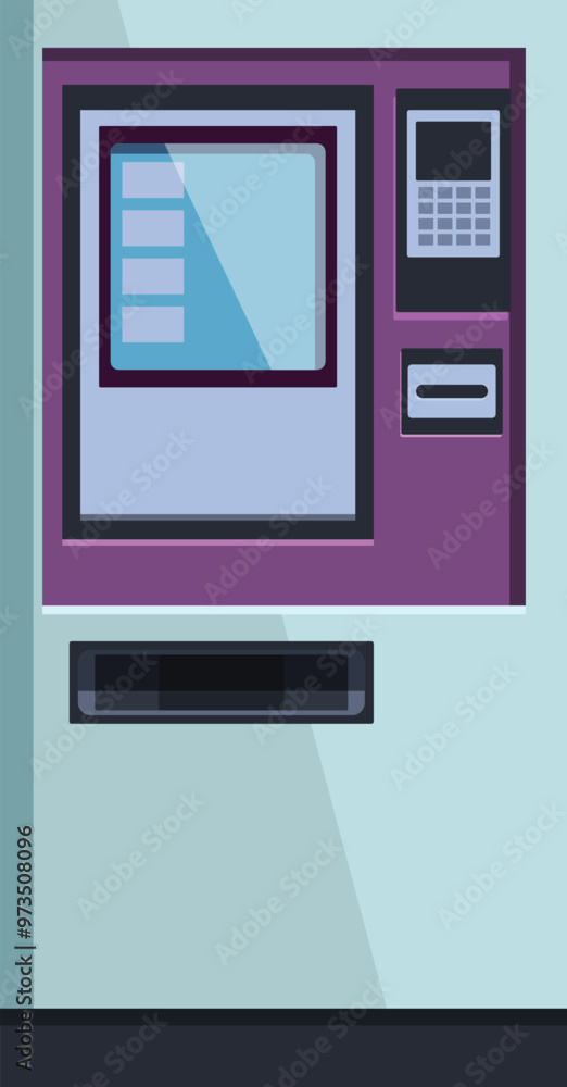 Poster modern ticket vending machine issuing transportation pass with digital display and card reader