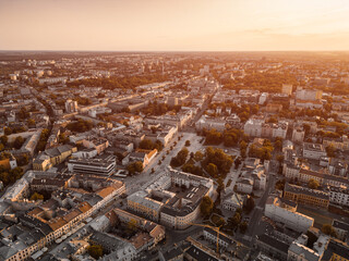 downtown and city square and park at sunset, Lublin, Poland