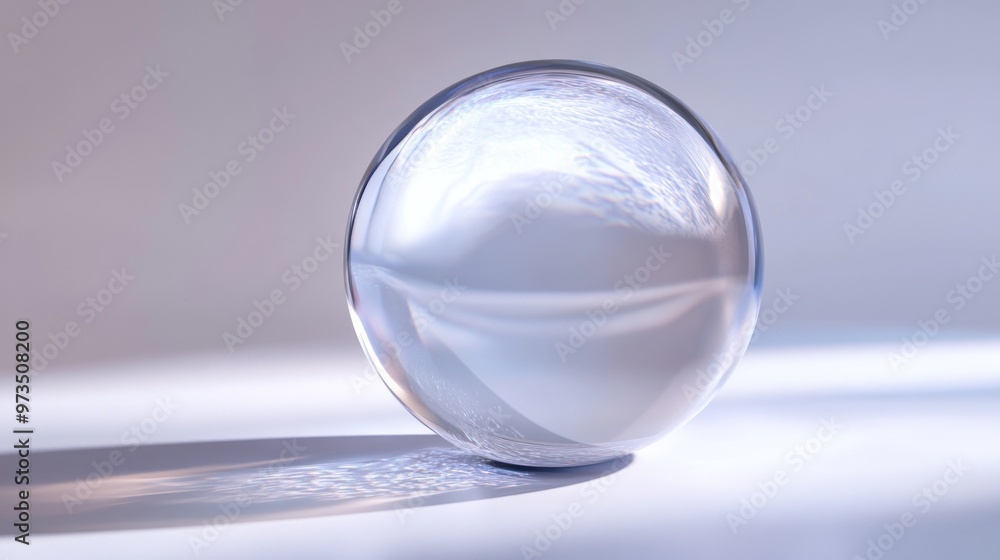 Canvas Prints a glass orb with a blurred, distorted reflection sits on a white surface casting an elongated shadow
