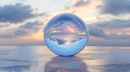 Glass sphere reflecting a colorful sunset sky with clouds.