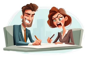 Angry businesswoman yells at a smiling businessman at work. Concept of business conflict, office humor, stress, and funny situation