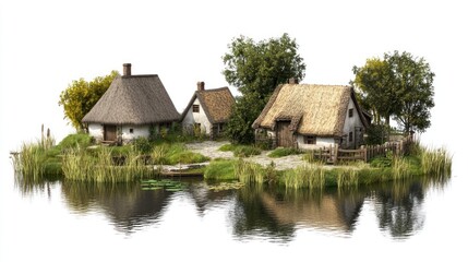 Three quaint cottages with thatched roofs on a small island with a wooden fence, surrounded by lush greenery and water.