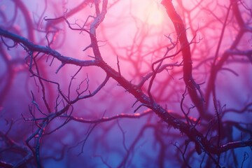 Misty branches intertwine in an enchanted forest at dawn's early light