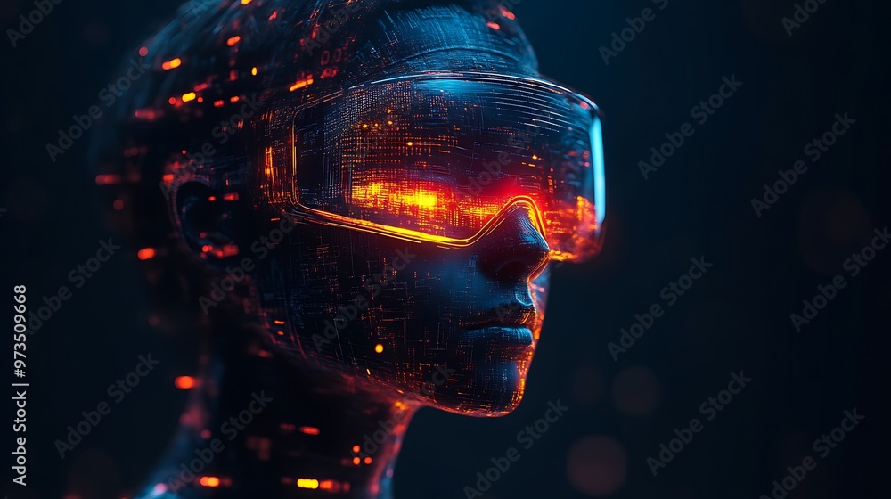 Sticker Futuristic woman in VR headset, glowing lines and futuristic digital world concept