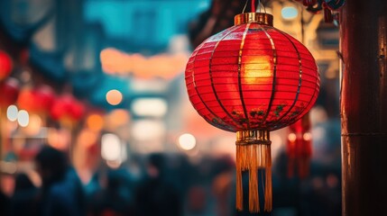A red Chinese lantern hanging in a busy marketplace, with people and vibrant stalls in the background