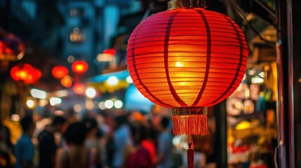 A red Chinese lantern hanging in a busy marketplace, with people and vibrant stalls in the background
