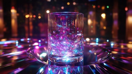 A glass of water with colorful lights reflecting inside on a holographic background.