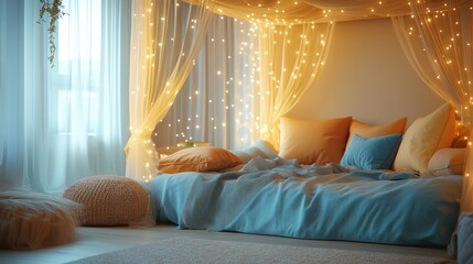 design a magical childs bedroom retreat with a luxurious canopy bed, fairy lights, and plush pillows for ultimate enchantment