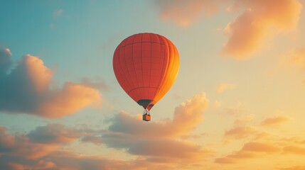 Fototapeta premium A red hot air balloon floating gently in the sky at sunset, with golden and orange hues surrounding it