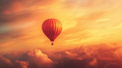 Obraz premium A red hot air balloon floating gently in the sky at sunset, with golden and orange hues surrounding it