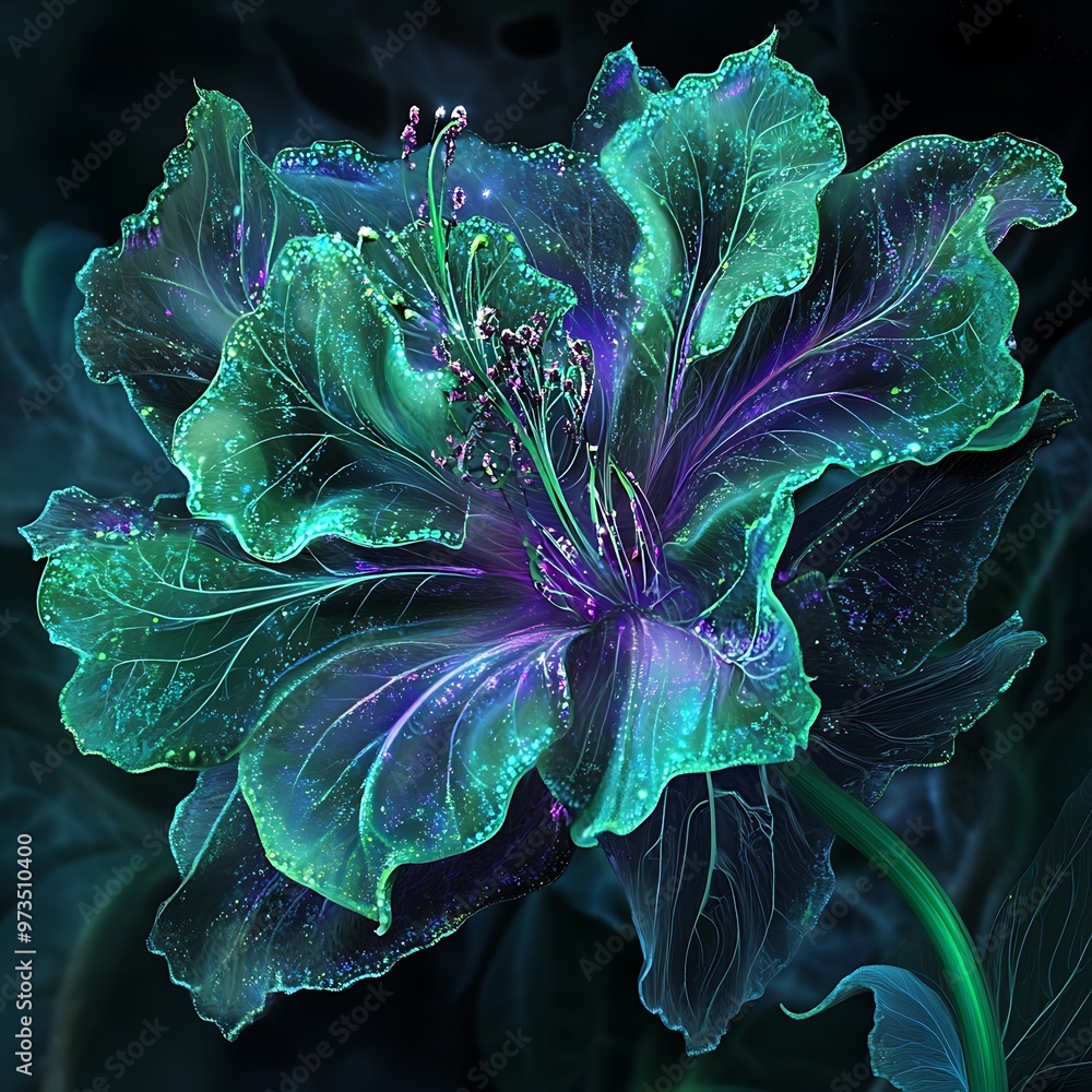 Wall mural Abstract Neon Green Flower with Purple Center on Dark Background