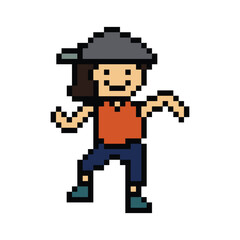 Cute pixel cartoon 8bit character man exercises training dance lifestyle music decoration life style 8 bit male boy dance with music game fitness isolated PNG vector.