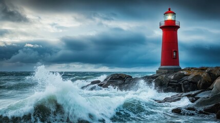 A red lighthouse standing tall on a rocky coastline, with stormy waves crashing against the shore