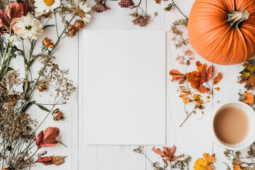 Autumn composition with orange pumpkins, fallen leaves, dry flowers on white wooden background. Flat lay, top view, copy space. Mockup card design. White blank vertical sheet of paper