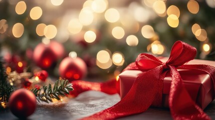 A red ribbon tied in a bow around a gift box, with sparkling decorations and holiday lights in the background