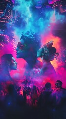 Fototapeta premium Neon Cyberpunk Cityscape with Silhouette Couple in the Foreground