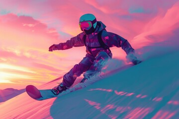 Adventurous snowboarder gliding down a vibrant sand dune at sunset