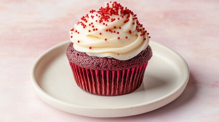 A red velvet cupcake topped with cream cheese frosting and red sprinkles, placed on a white plate against a soft pastel background