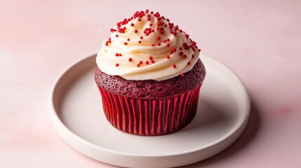 A red velvet cupcake topped with cream cheese frosting and red sprinkles, placed on a white plate against a soft pastel background