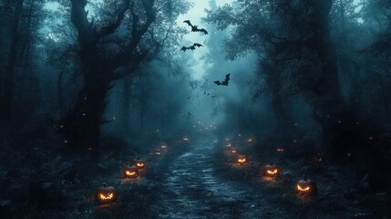 Dark, eerie forest path with glowing jack-o'-lanterns and bats.
