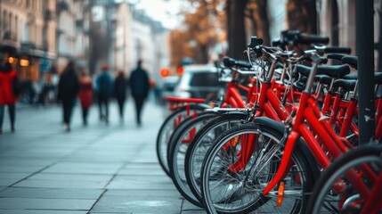 A row of red bicycles parked along a sidewalk in a busy city, with passersby walking in the background