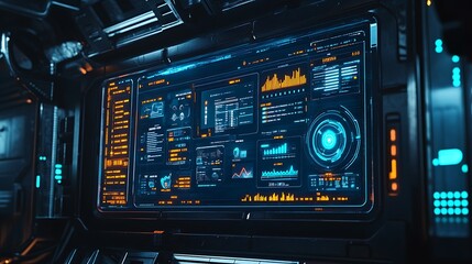 Futuristic interface with data graphs and digital information on screen