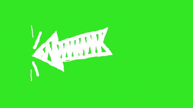 White hand-drawn arrow over a green chroma key background, ideal for video overlays. The sketchy look gives a raw, organic feel, great for explainer videos, animations, or creative projects
