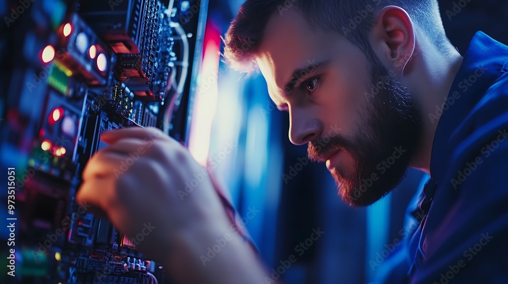 Aufkleber focused it technician working on server in server room. concept of technology, data, and networking.